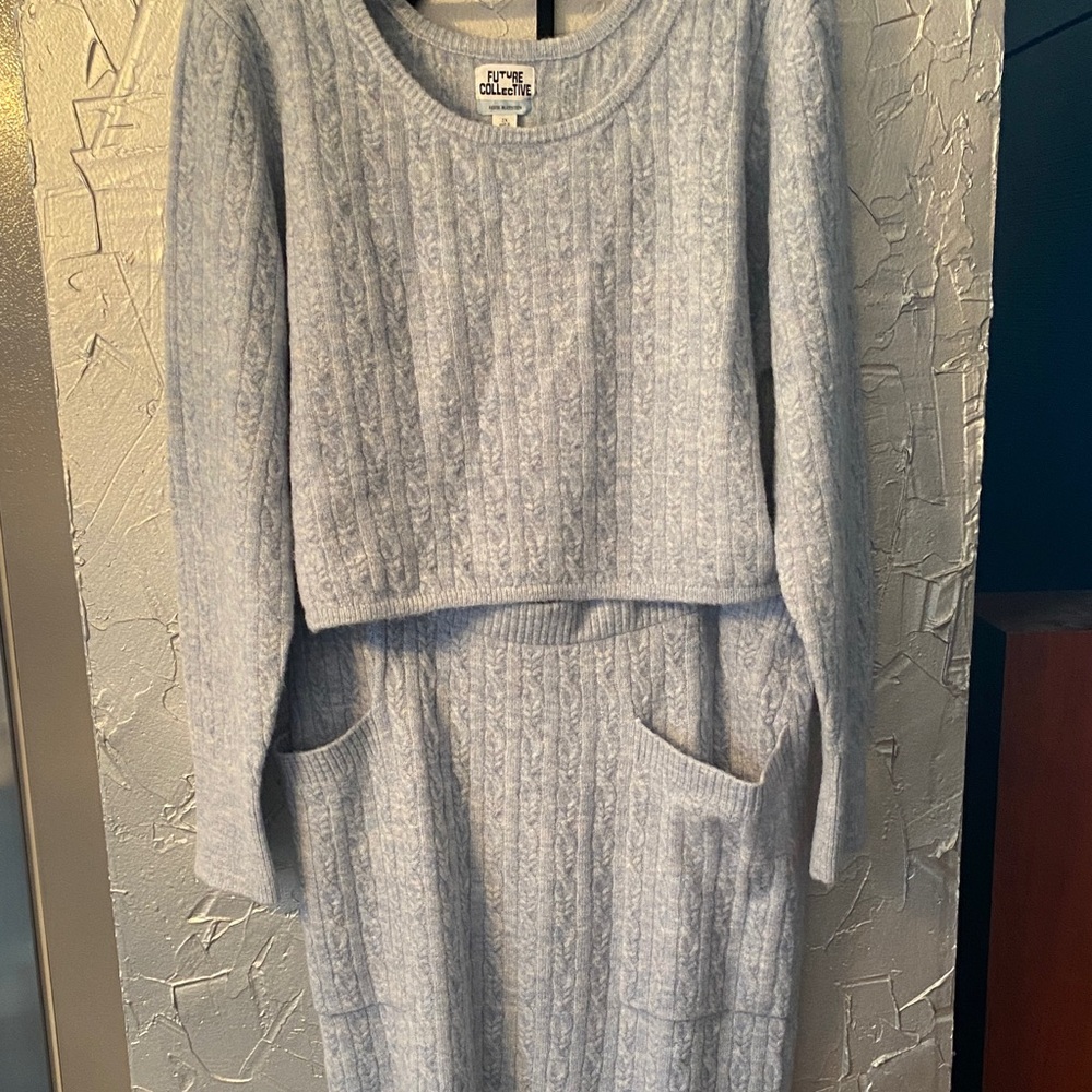 Light Blue Cable Knit Women's Cropped Sweater and skirt set